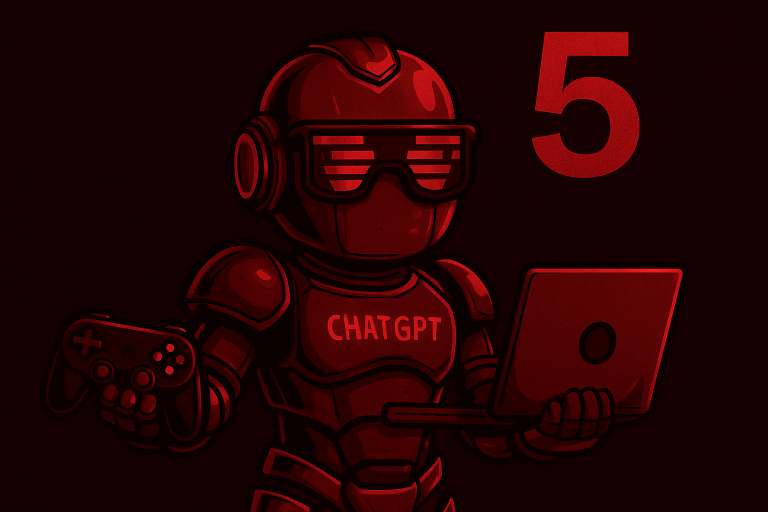 ChatGPT-5 en armure de robot futuriste avec lunettes pixel art, sur fond noir rouge