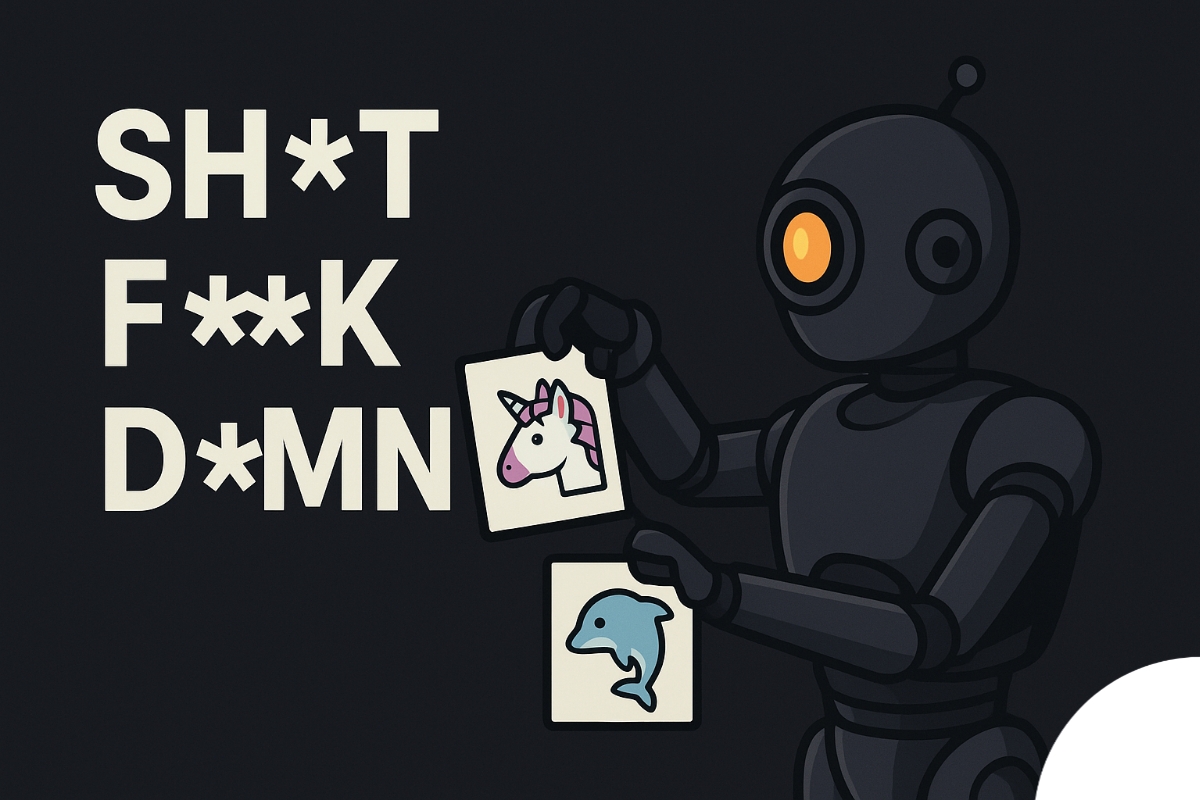 Illustration humoristique d’un robot geek qui censure des insultes en les remplaçant par des smileys et des animaux mignons