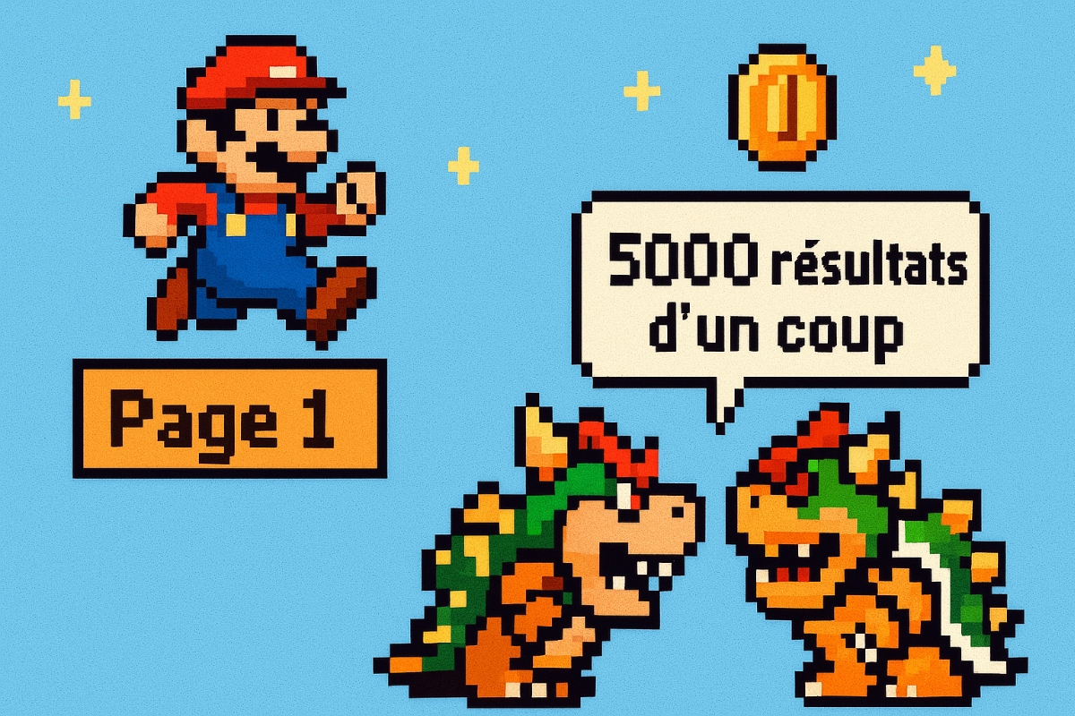 Un Mario pixel art qui saute de   Page 1 à  Page 2 , en évitant un Bowser qui représente 5000 résultats d’un coup .
