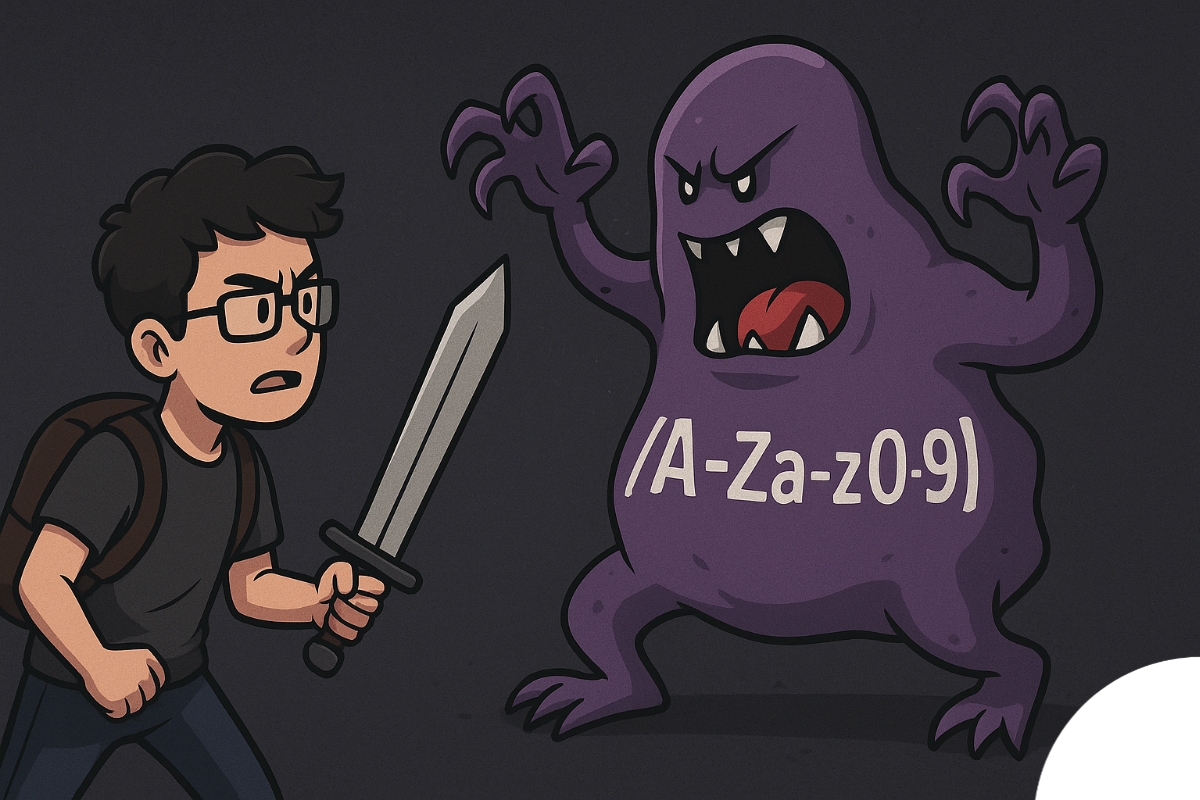 illustration humoristique d’un développeur qui combat un monstre en forme de regex