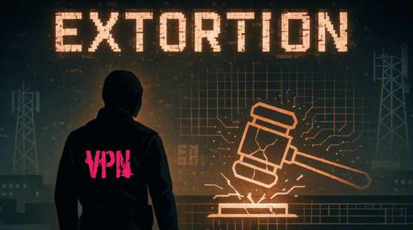 homme en noir avec mention vpn extorsion sur le dos