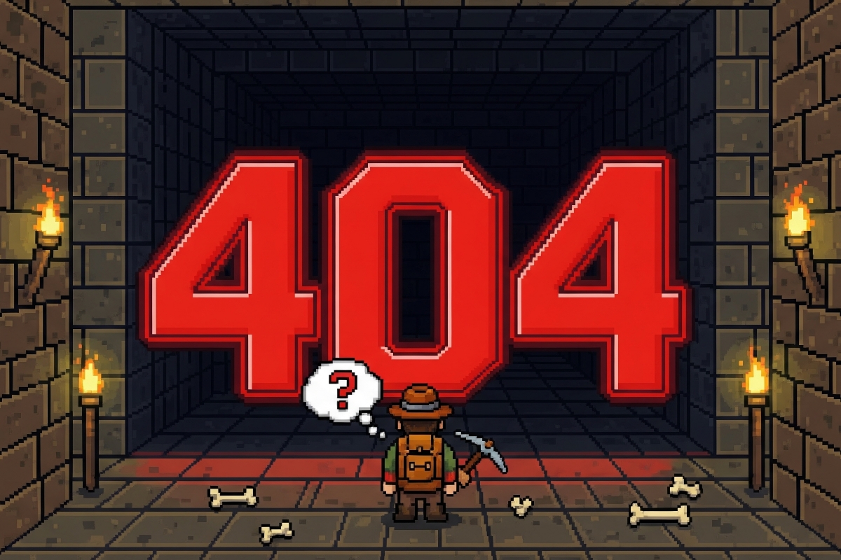 Une image cartoon d’un explorateur pixel art paumé dans un donjon avec un gros panneau “404” qui bloque le passage.