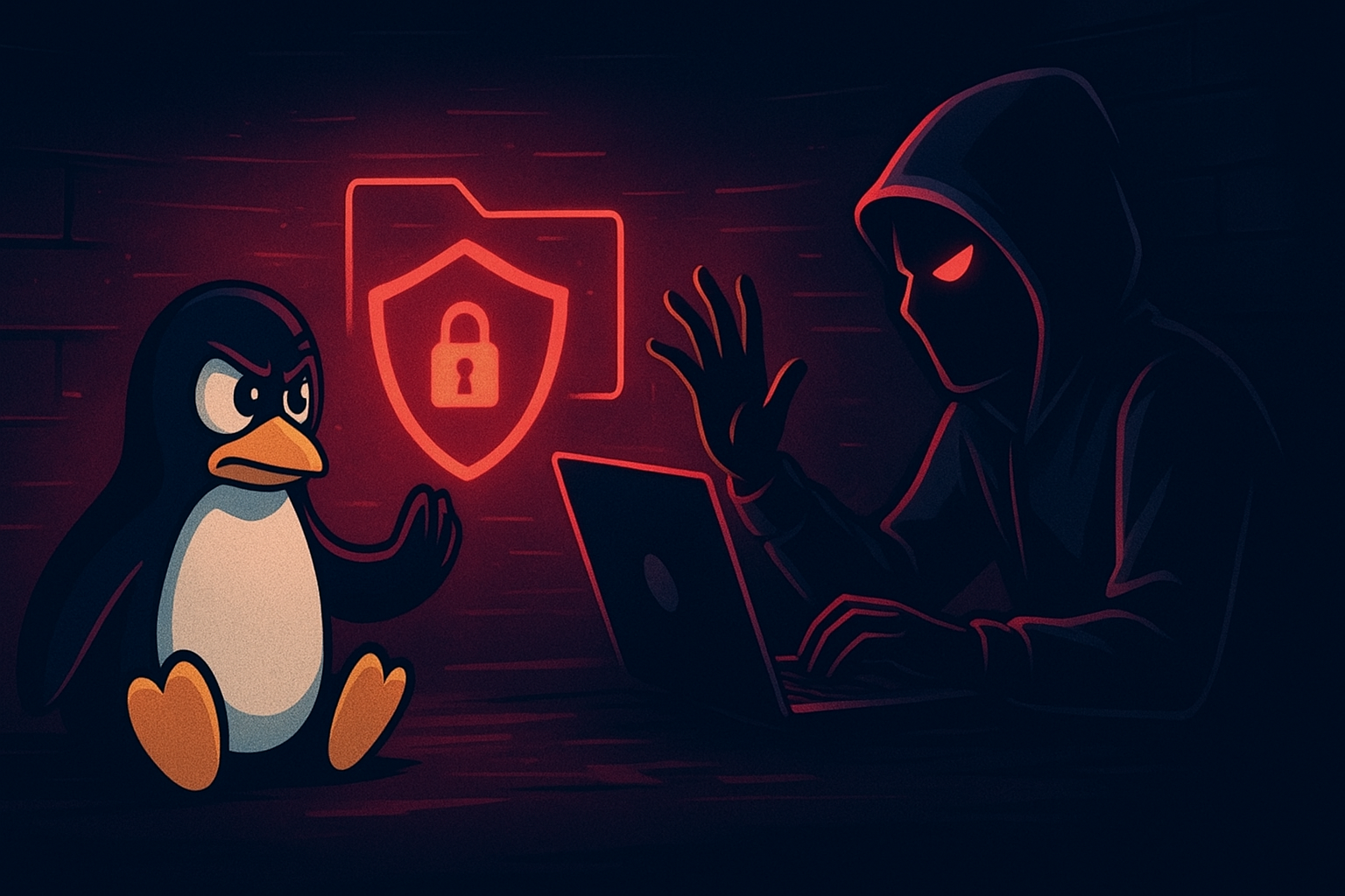 Illustration humoristique d’un pingouin Linux paniqué tenant un disque dur ouvert comme un coffre-fort non verrouillé, pendant qu’un hacker rigole en arrière-plan