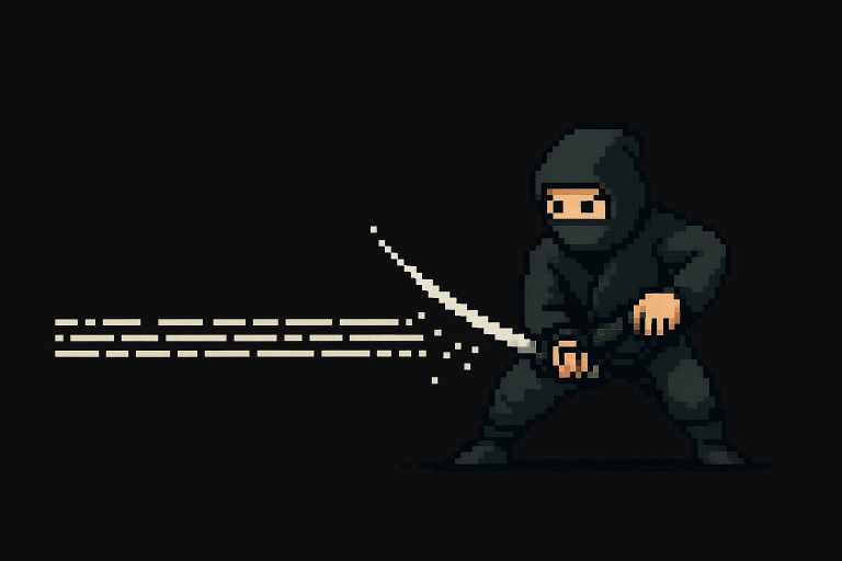 Un ninja geek en pixel art qui découpe une longue ligne de texte avec un katana, sur fond sombre style terminal