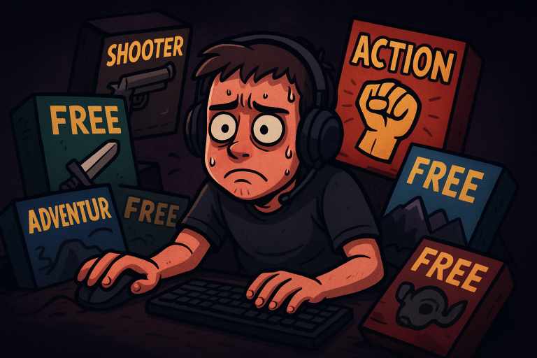 illustration humoristique d’un gamer qui tente de télécharger trois jeux gratuits en même temps, avec son PC qui transpire et un backlog qui déborde