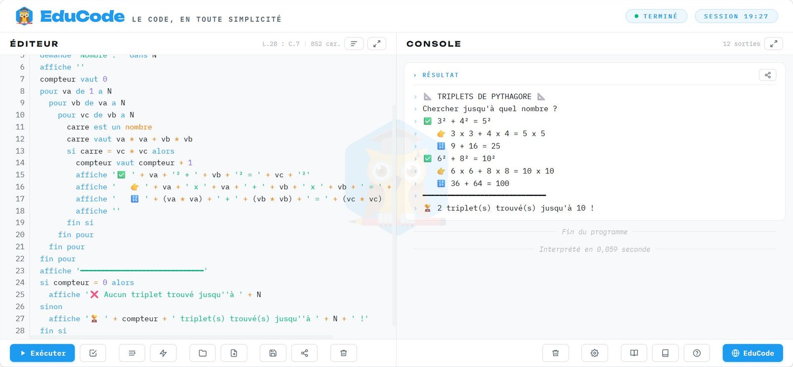 📐 Triplets de Pythagore en EduCode